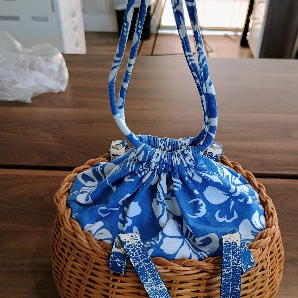 Wicker Basket with Blue Floral Handbag - Picture 2 of 6